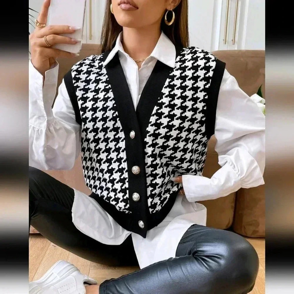 Jackets & Blazers - Spring Houndstooth Print Vest Jacket Without Blouse